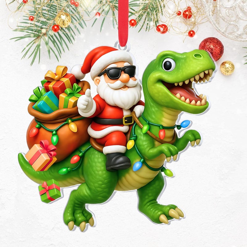 Hutato Santa Riding Dinosaur Ornament - Dinosaur Christmas Ornament, Christmas Ornaments Kids, Boy Ornaments for Tree, Dino Ornaments for Xmas, Novelty Santa Claus Gift, Boys Dino for Child - Image 1